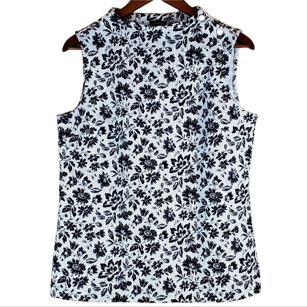 TALBOTS Black White Floral Sleeveless Mock Neck Stretch Knit Top